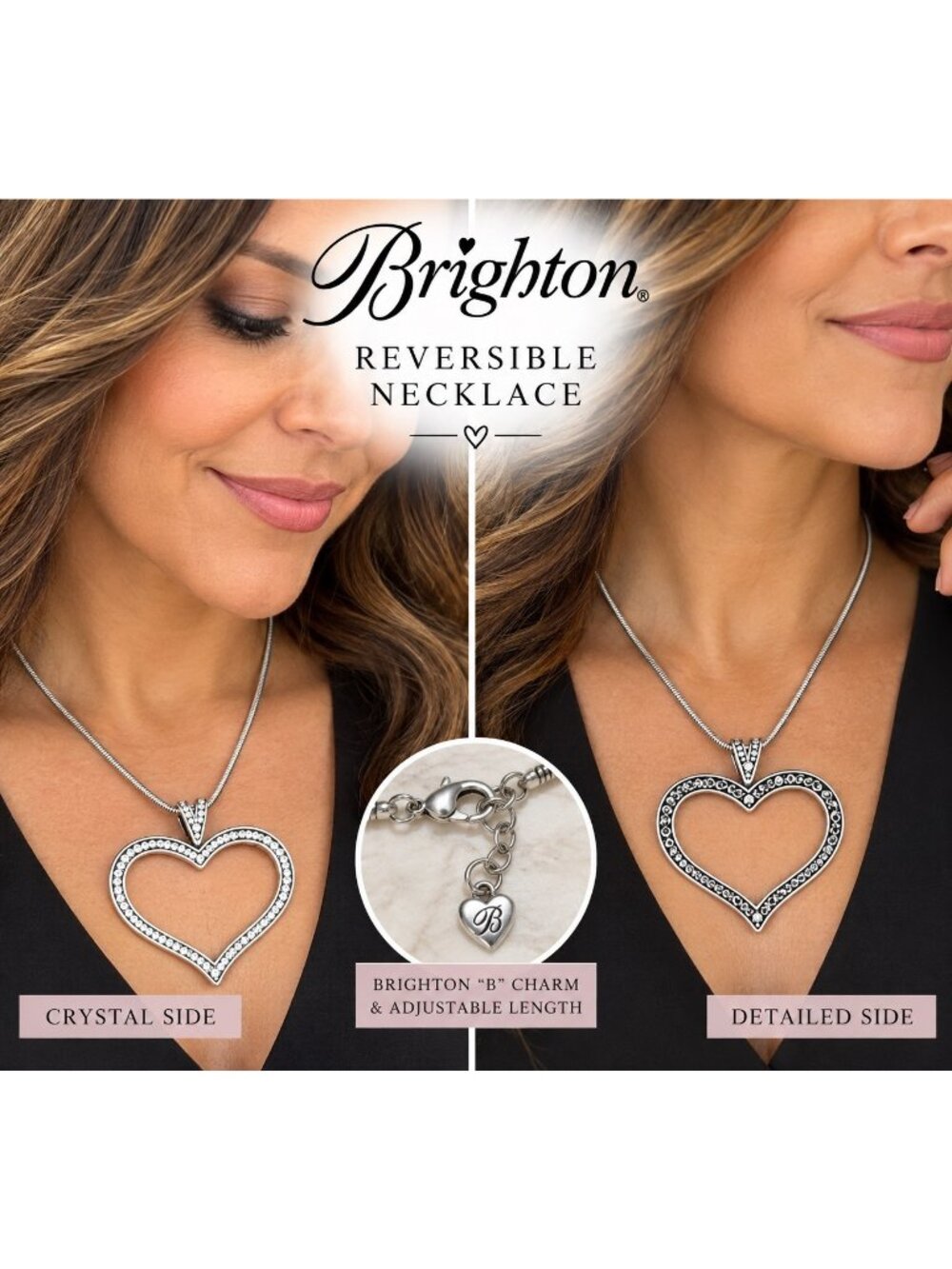 Brighton Reversible Open Heart Necklace Silver Crystal Pendant 19" Snake Chain